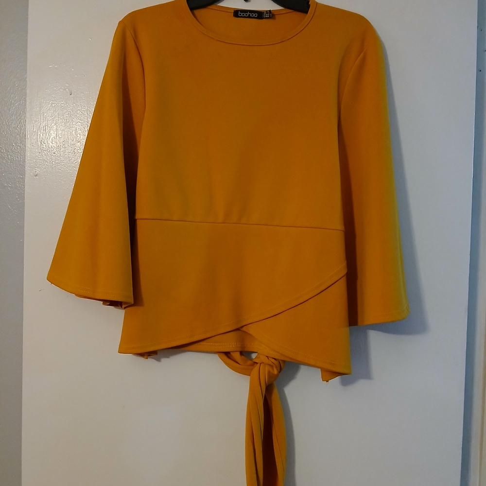 Yellow Bell Sleeve Top with Tie Front